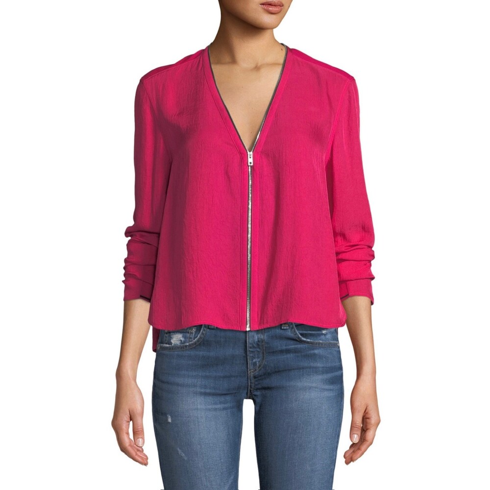 RAG & BONE Vanessa V-Neck Zipper Blouse, Fushia, Sz XS
